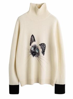 惊世好羊绒系列！感动到哭的上身 猫咪提花羊绒衫女