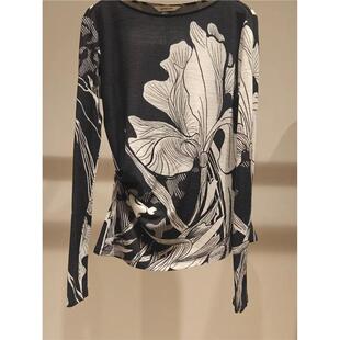 2026早春印花长袖 上衣女宽松圆领休闲风内搭休闲复古系带针织衫