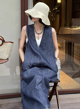 潮牌一线品牌折扣捡漏复古亚麻连衣裙女2024夏蓝色无袖背心中长裙