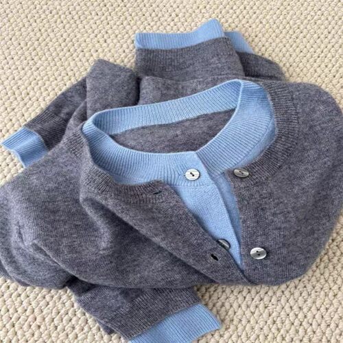 设计感拼色假两件毛衣开衫女2024秋冬100%羊毛外套针织衫打底上衣