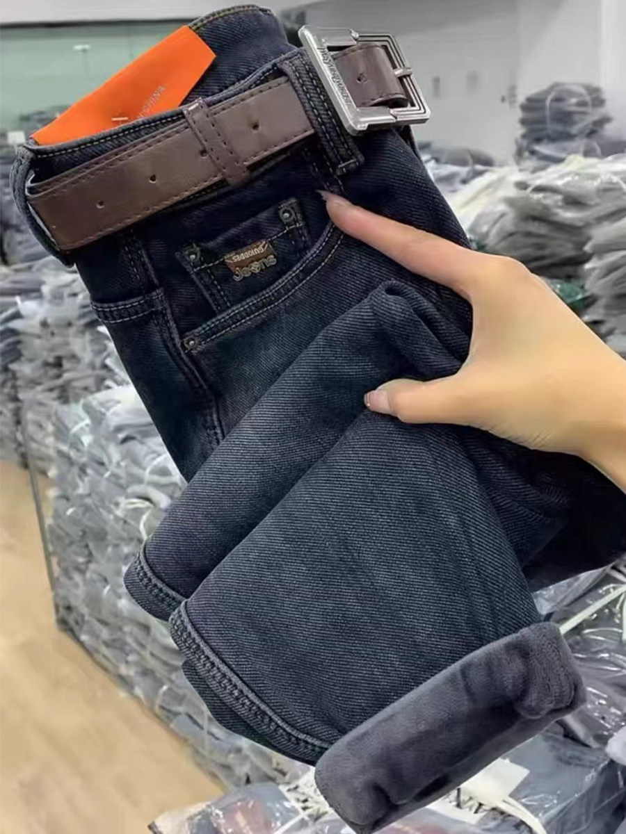 品牌折扣店商场外贸清仓加绒加厚直筒牛仔裤女秋冬九分萝卜哈伦裤