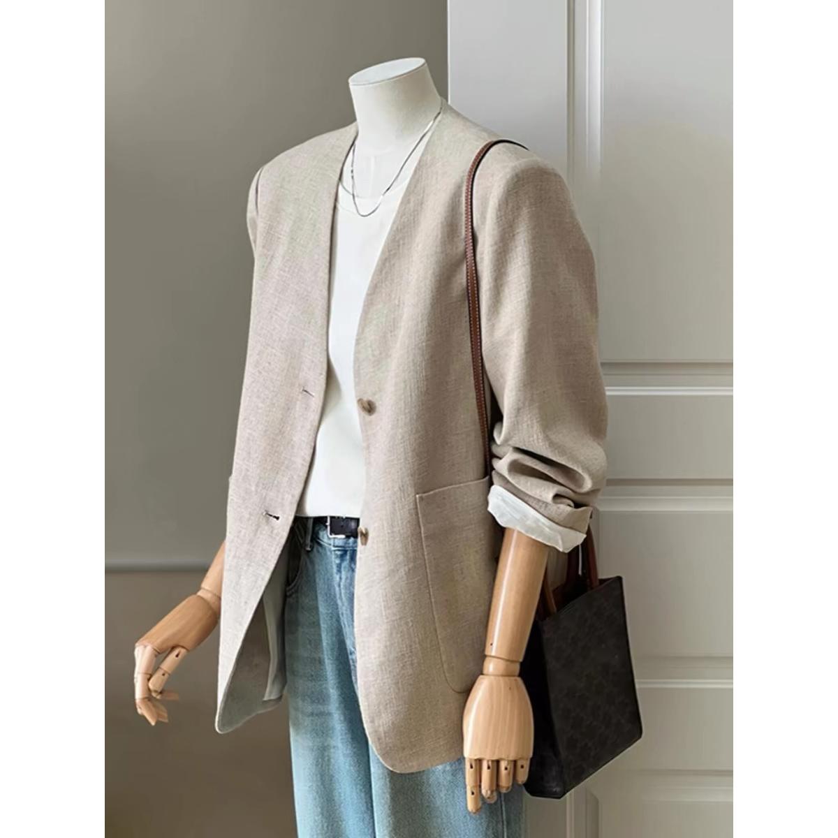 CHAO级推荐！通勤穿搭~韩版杏色V领亚麻外套女轻薄透气舒适西装