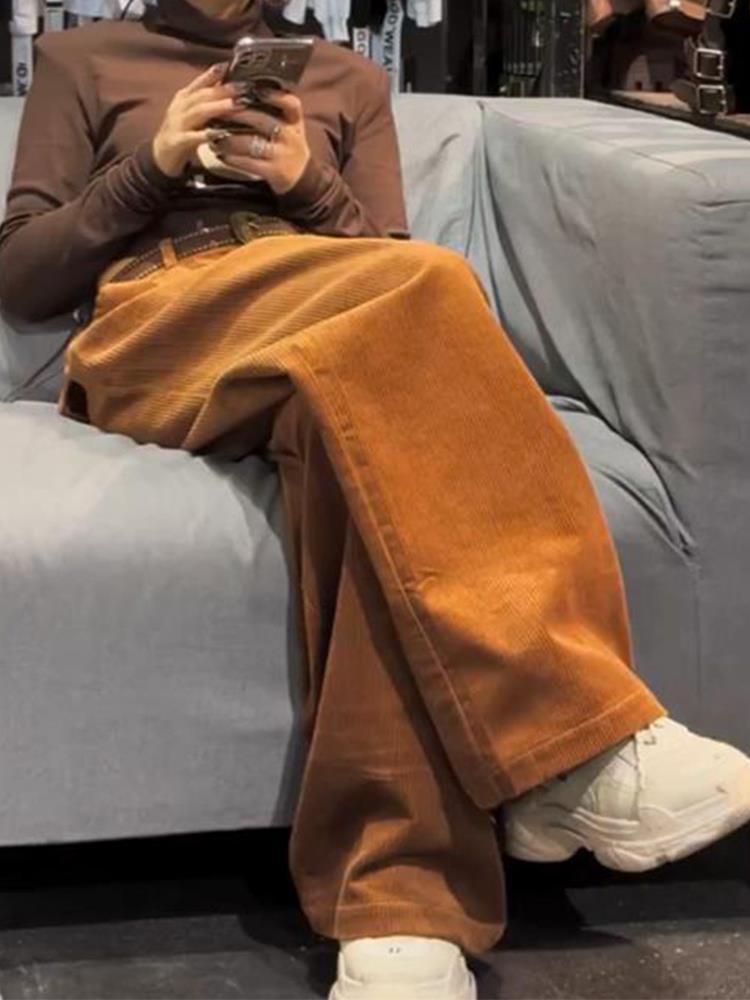 品牌专柜高端女装外贸欧货焦糖色条绒美拉德穿搭炸街灯芯绒阔腿裤