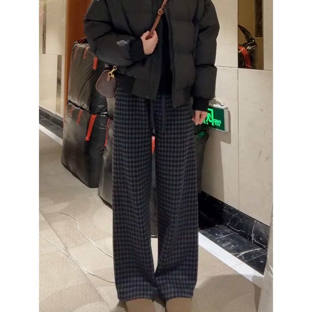 复古格纹裤子休闲裤女秋冬新款大码黑色毛呢宽松格子裤小个子卫裤