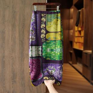 自留 复古印花直筒半身裙女高腰垂感a字开叉中长裙 上身太好看了