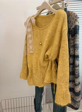 巨推荐！蕾丝蝴蝶结绑带黄色镂空长袖毛衣女2025新款设计感针织衫