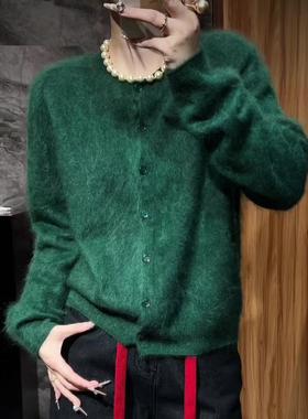 简约复古知性风绿色圆领毛衣开衫女2025冬季新款软糯显白大码外套