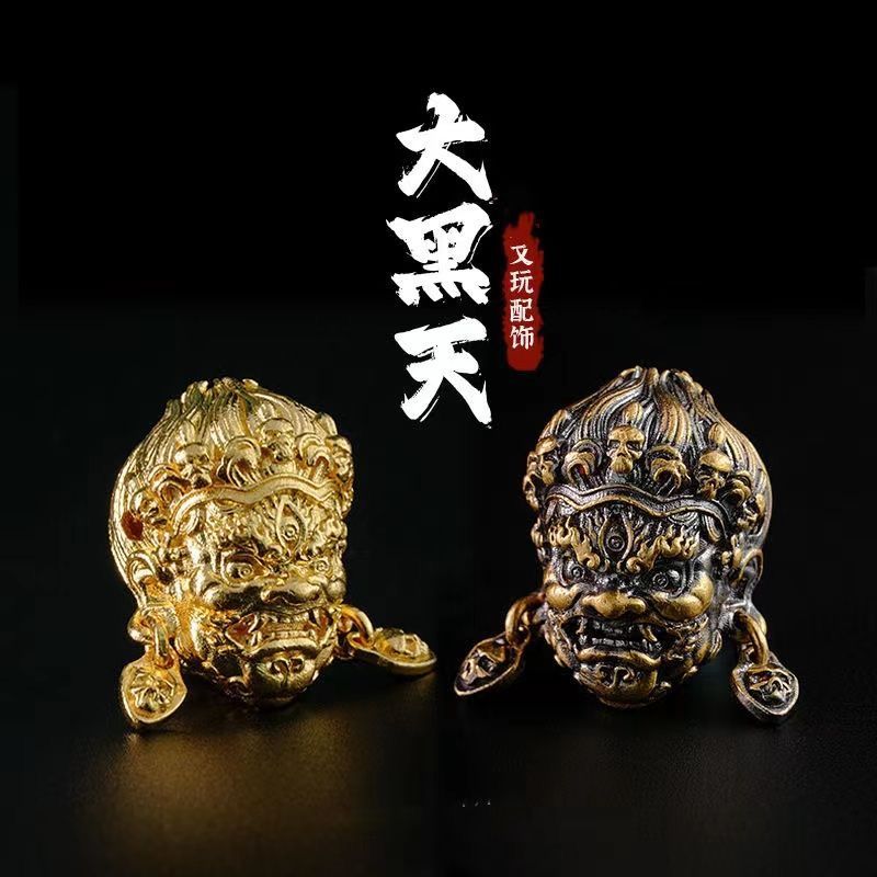 藏传纯铜鎏金大黑天三通佛塔藏风文玩手串复古藏式隔珠diy配饰