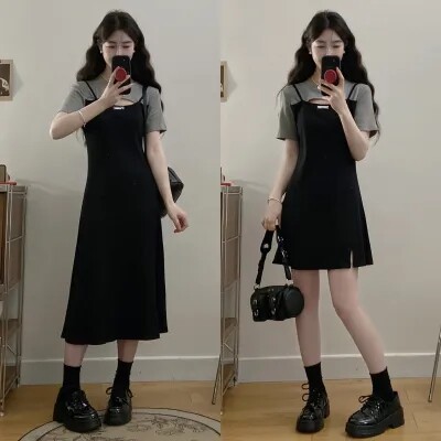 欧货大码女装夏季新款撞色减龄假两件收腰显瘦遮肉短袖连衣裙女