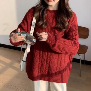 【福利清仓】小个子红色毛衣女复古新款秋冬百搭宽松长袖针织毛衣