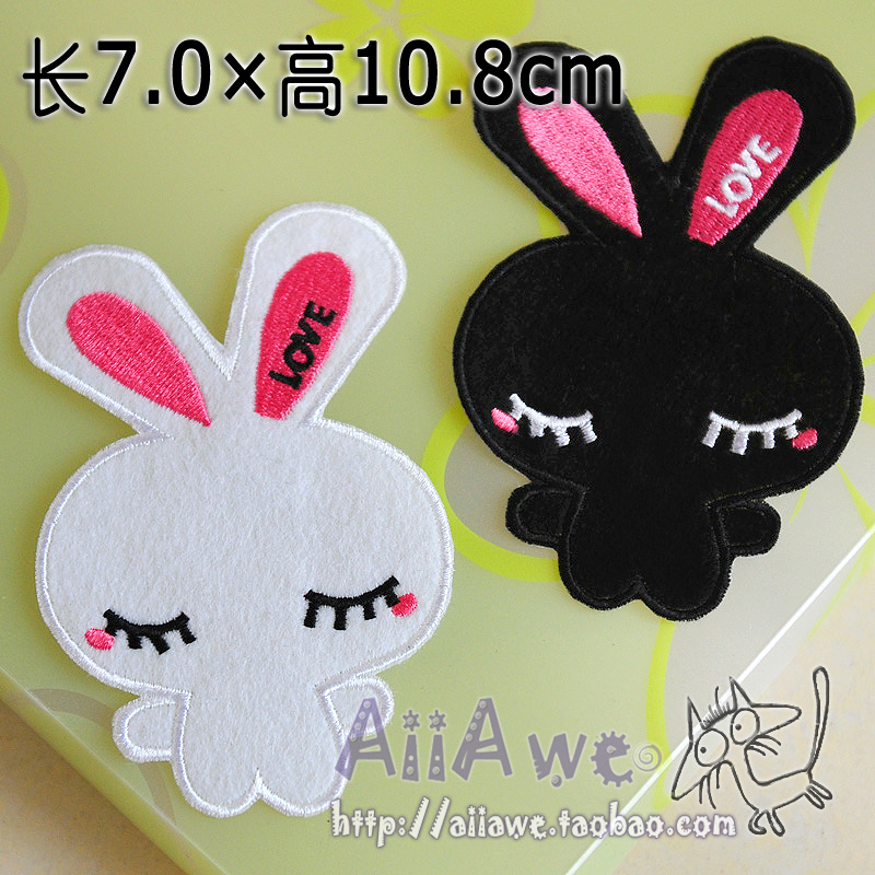 黑白色刺绣花大尺寸修补丁贴标可爱卡通眯眼兔子背胶熨烫贴布贴花