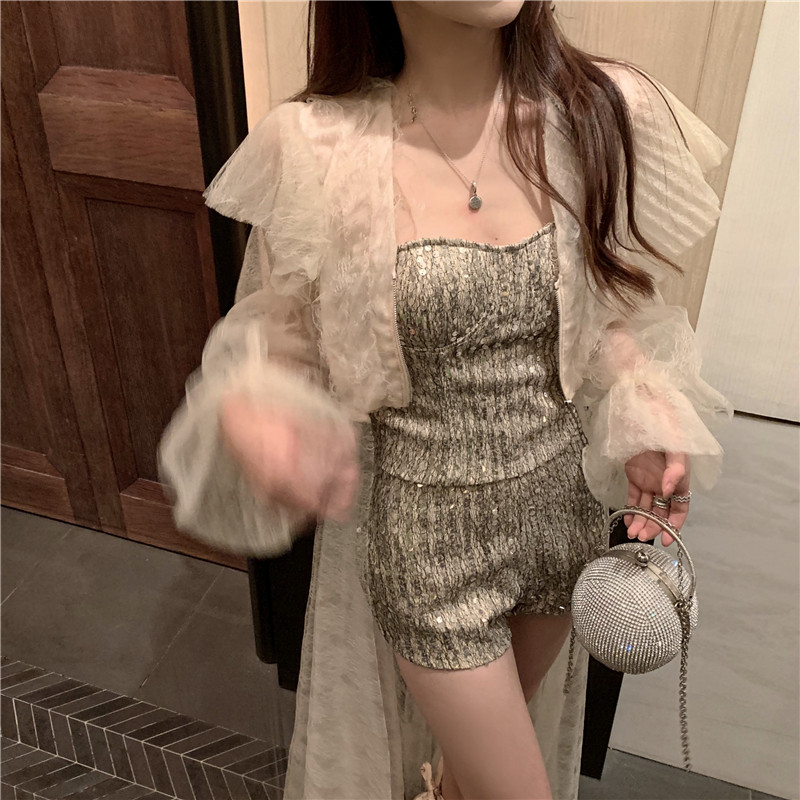 Real shot real price ~ red carpet C heavy industry Sequin Bra Top + Super High Waist Shorts + Lace splicing jacket