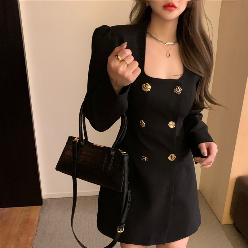 Real price ~ 2020 spring retro square collar long sleeve light luxury style double row metal buckle temperament suit skirt