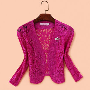 玫红色蕾丝披肩短外套大码旗袍外搭薄款礼服开衫修身显瘦夏季女装