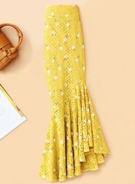 过膝黄色半身裙女水溶蕾丝鱼尾裙中长款包裙高腰裙子包臀半身长裙