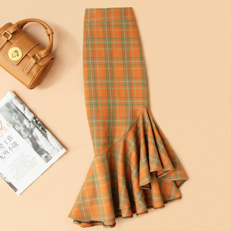 复古绿色格子裙西装料a字大码