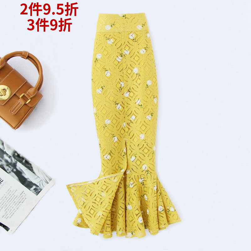 小雏菊印花半身裙女包臀开叉一步裙长款蕾丝鱼尾裙少女碎花半裙夏