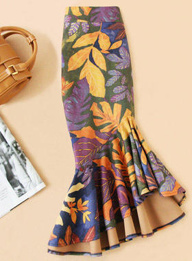 紫色碎花半身裙包臀鱼尾裙不规则半身长裙女大码包裙高腰裙子秋冬