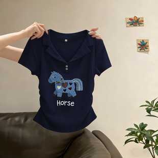 短款 别致polo领短袖 显瘦独特漂亮超好看小衫 修身 v领上衣 t恤女夏季