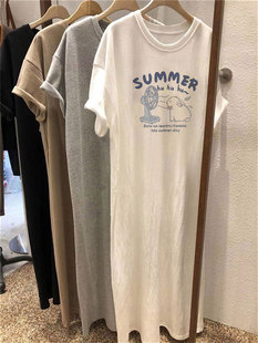 白色重磅短袖t恤裙女夏季宽松大码休闲百搭上衣中长款过膝连衣裙