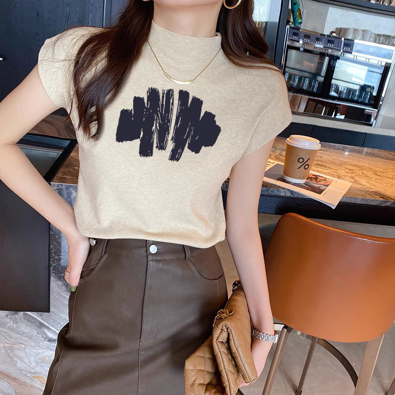 燕麦色半高领针织t恤女夏季修身图片