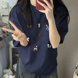 设计感小众宽松上衣体恤小个子 夏季 美式 藏青色纯棉正肩t恤女短袖