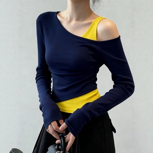 藏青色不规则假两件斜肩T恤女2026秋季独特设计感巨好看掐腰上衣