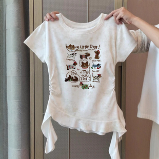 chic甜辣修身 美式 夏季 t恤女装 显瘦不规则小上衣 卡通印花正肩短袖