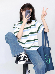 设计感小众宽松学生上衣服2026新款 韩系条纹棉正肩短袖 t恤女夏季