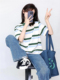 设计感小众宽松学生上衣服2026新款 韩系条纹棉正肩短袖 t恤女夏季