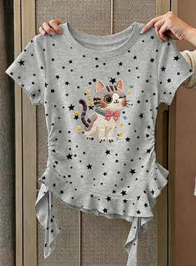 灰色猫咪印花短袖T恤女夏季星星满印褶皱收腰不规则下摆飘带上衣