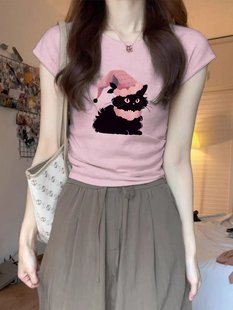 时尚小猫印花短袖t恤女生夏季潮流chic正肩紧身棉修身短款小上衣