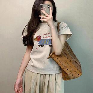 腊肠小狗印花t恤女款2026夏季新款小众正肩棉短款修身短袖上衣tee