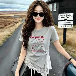 法式正肩不规则蕾丝拼接下摆圆领短袖t恤女夏季修身掐腰显瘦上衣