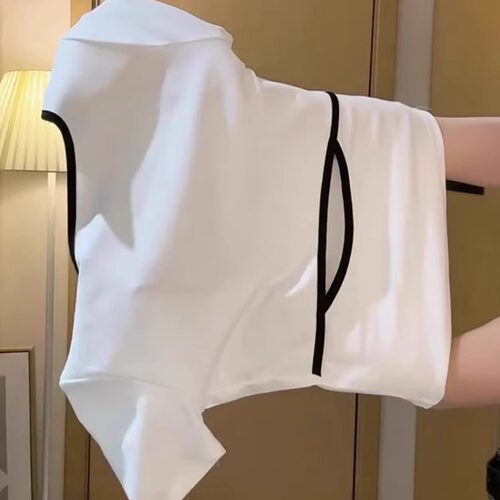 短袖T恤女夏季方领镂空露背印花