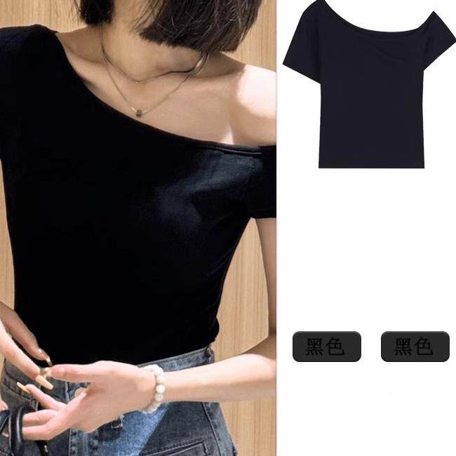 黑色斜肩短袖t恤女款夏季设计感小众修身独特超好看露肩短款上衣