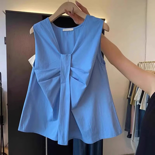 外穿设计感宽松显瘦娃娃衫 女夏季 上衣 背心衬衫 蓝色甜美蝴蝶结无袖
