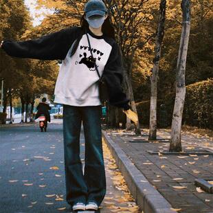 小众不撞款宽松插肩外套秋冬超火小个子圆领加绒加厚美式卫衣女生