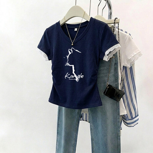 蕾丝花边拼接V领短袖T恤女夏季