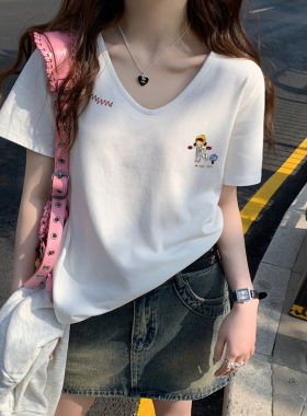 小个子棉短袖正肩t恤女夏季设计感宽松v领白色上衣服2026新款爆款