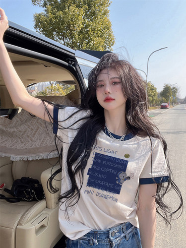 白色正肩印花棉短袖t恤女夏季