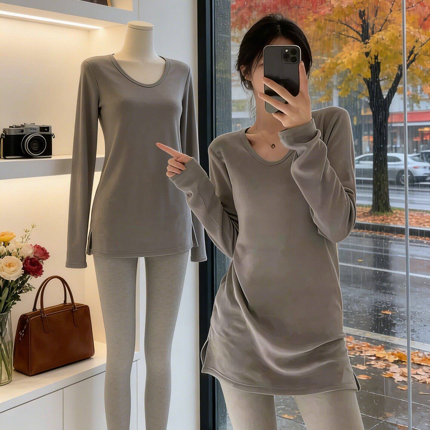 中长款开叉内搭可叠穿长袖打底衫女秋冬德绒保暖修身收腰显瘦上衣