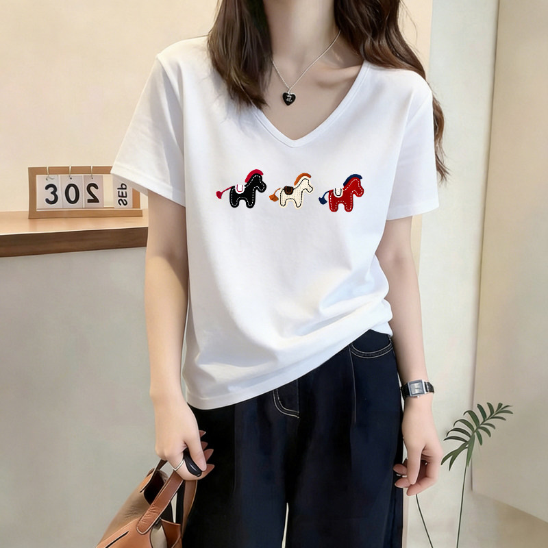 正肩棉白色v领短袖T恤女夏季宽松慵懒风时尚百搭体恤半袖休闲上衣