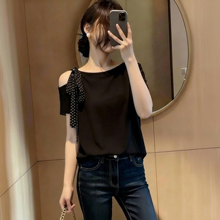 设计感小众时尚 法式 气质百搭显瘦上衣 T恤女夏季 黑色露肩波点短袖