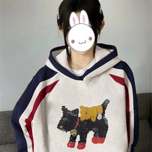 小众不撞款宽松卫衣女款秋冬款白灰色小个子连帽撞色外套加绒加厚