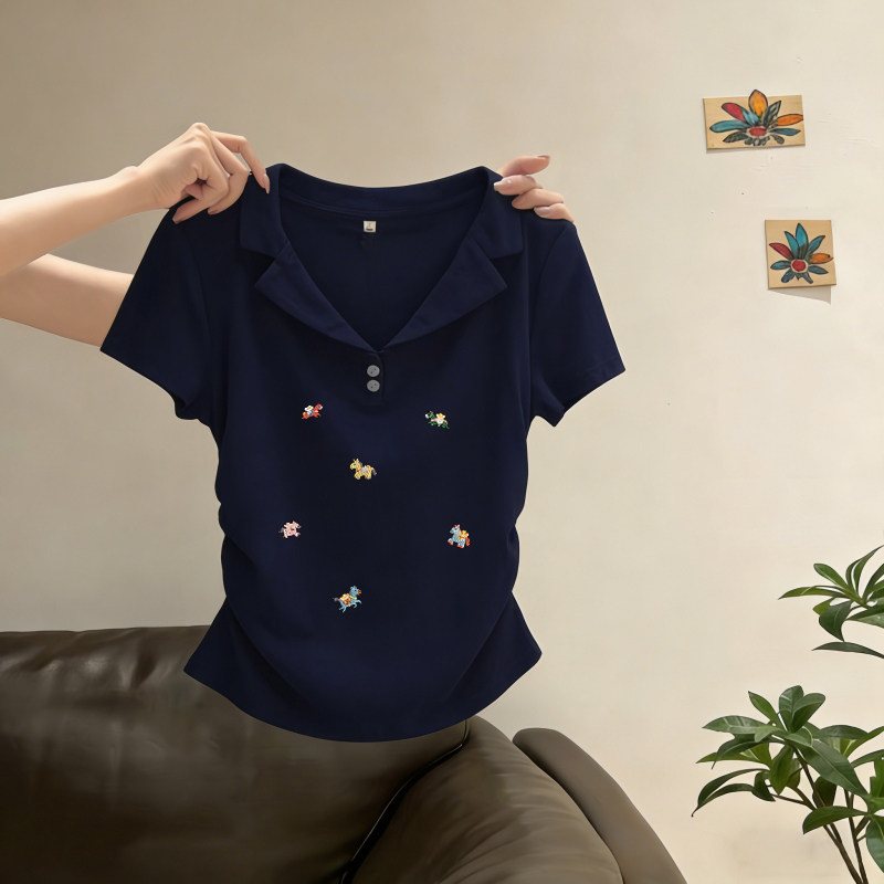 设计感小众卡通印花正肩Polo衫短袖t恤女夏季修身显瘦短款上衣ins