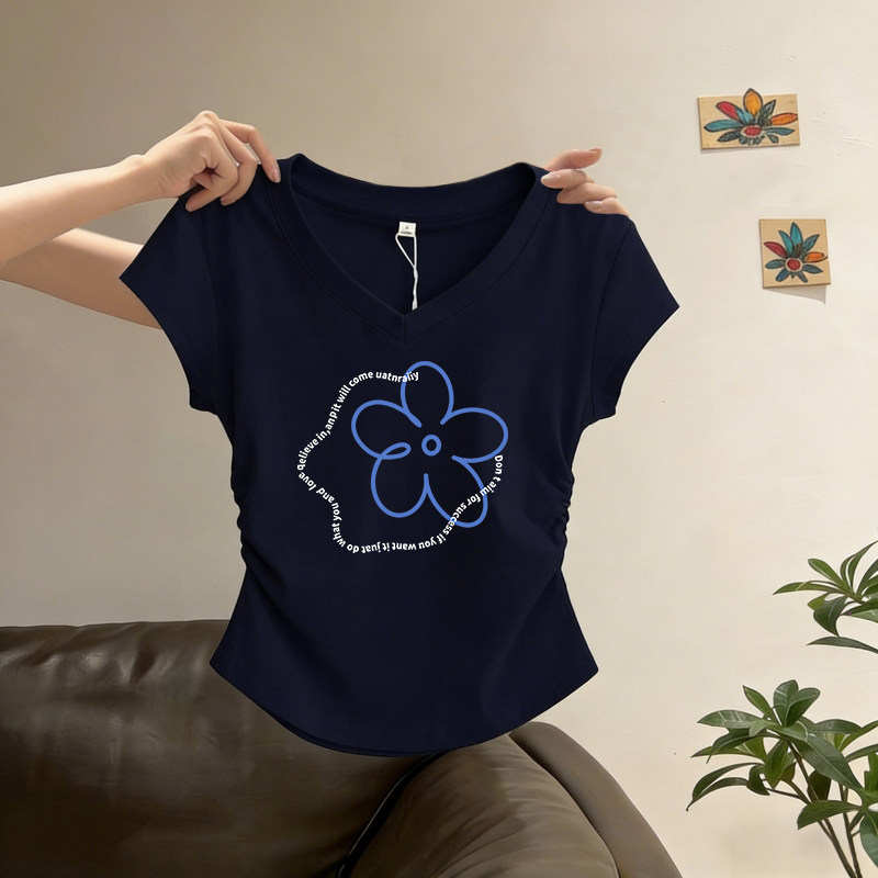 藏青色短袖t恤女夏季修身显瘦巨好看的掐腰正肩v领短款上衣打底衫