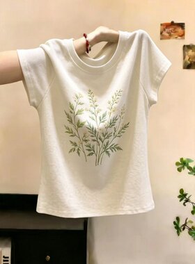 韩系小众植物印花正肩短袖T恤女