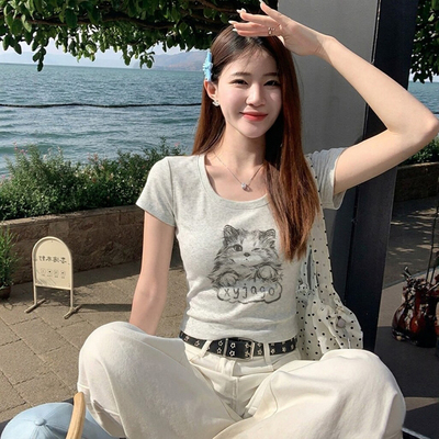 美式卡通猫咪印花U领短袖T恤女