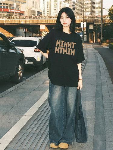 美式黑色纯棉短袖t恤女夏季宽松